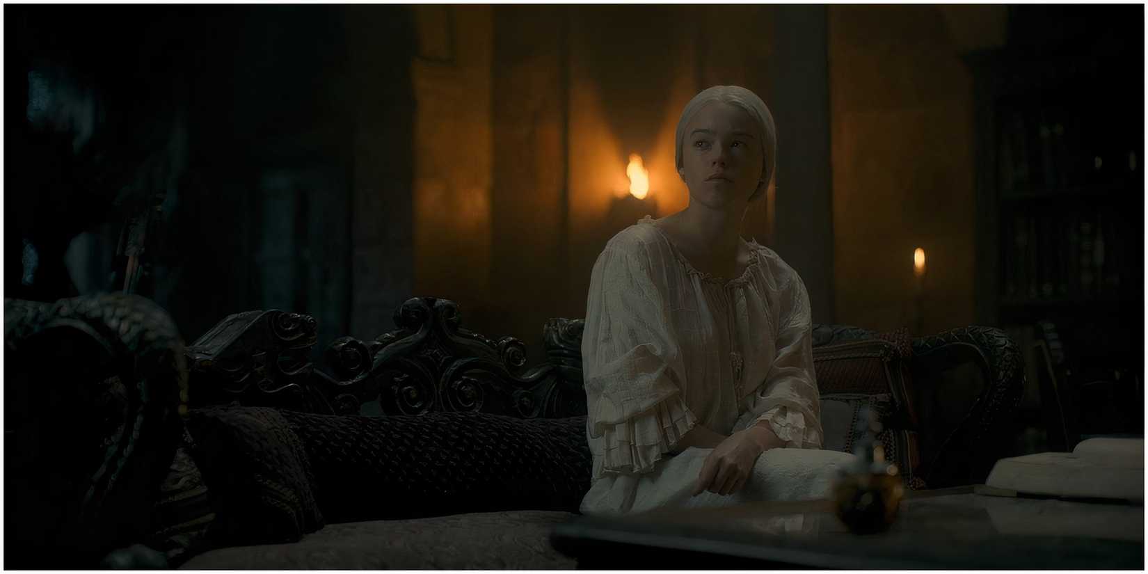 Grand Maester Mellos brings Rhaenyra the Moon Tea in House of the Dragon.