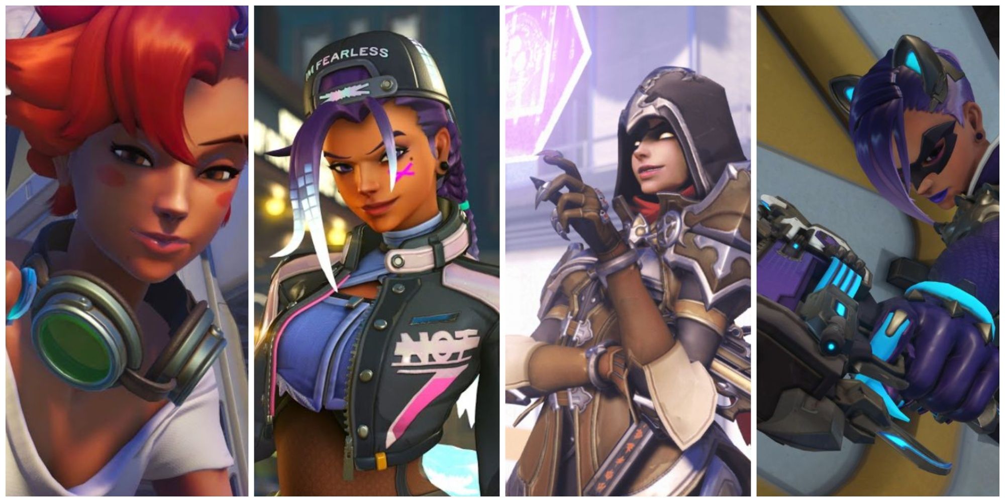A collage of Sombra from Overwatch 2 wearing different skins