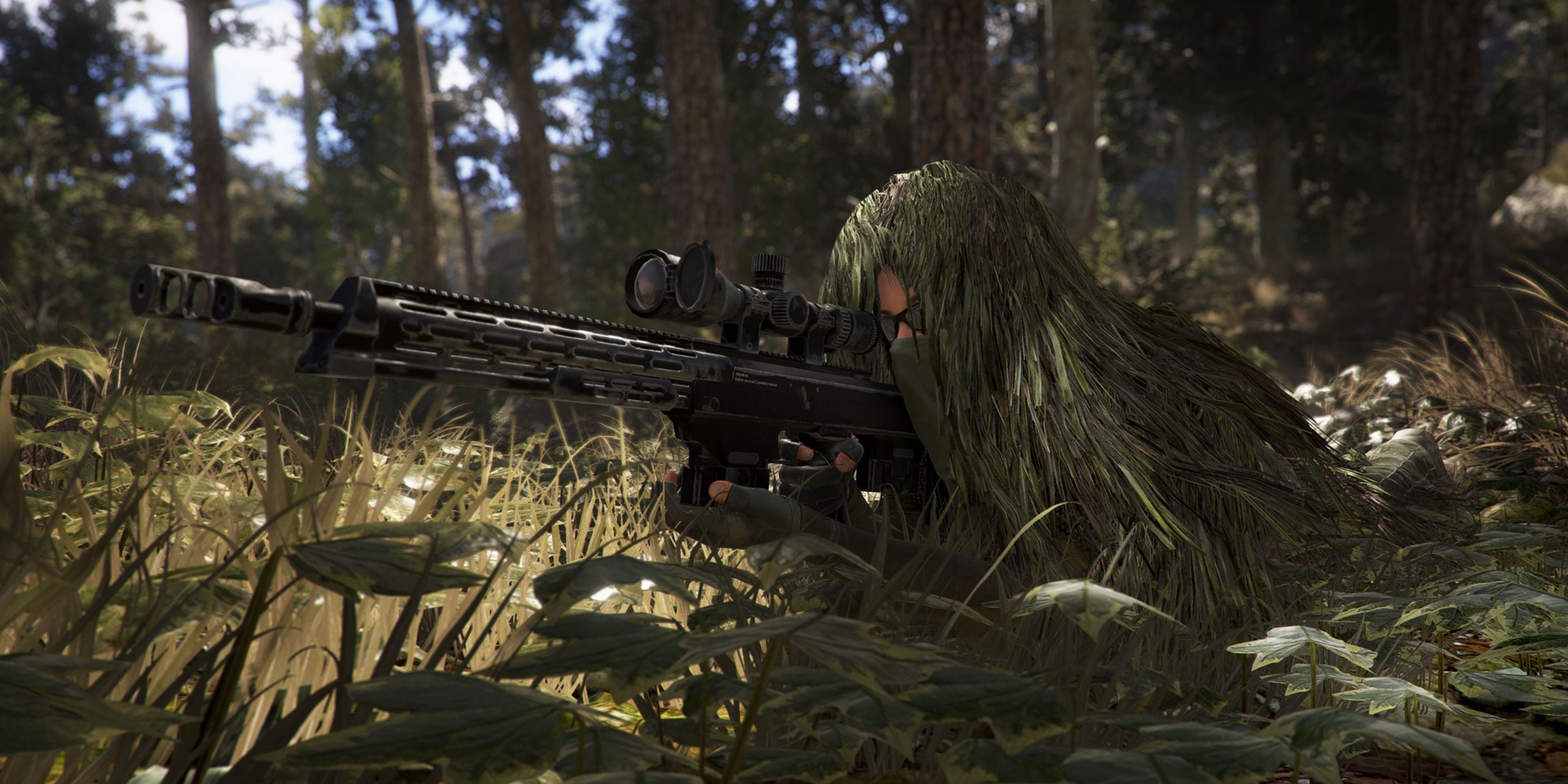 Sniper hides in the forest aiming his gun in Ghost Recon Wildlands