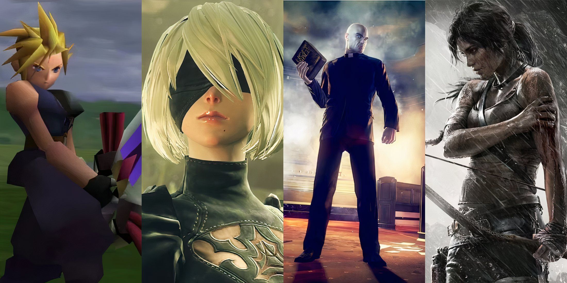 Feature image with protagonists of FF7, Nier Automata, Tomb Raider and Hitman for most influential Square Enix games.