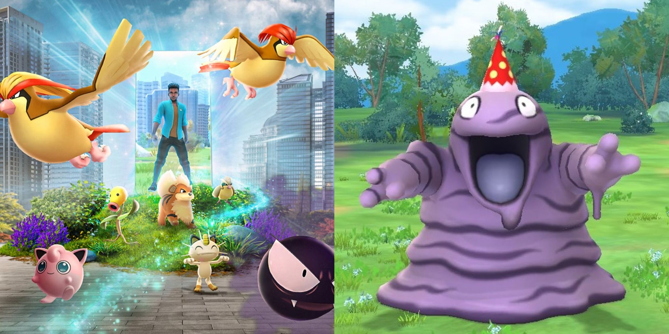 Pokemon Go artwork next to the Pokemon Grimer wearing a party hat