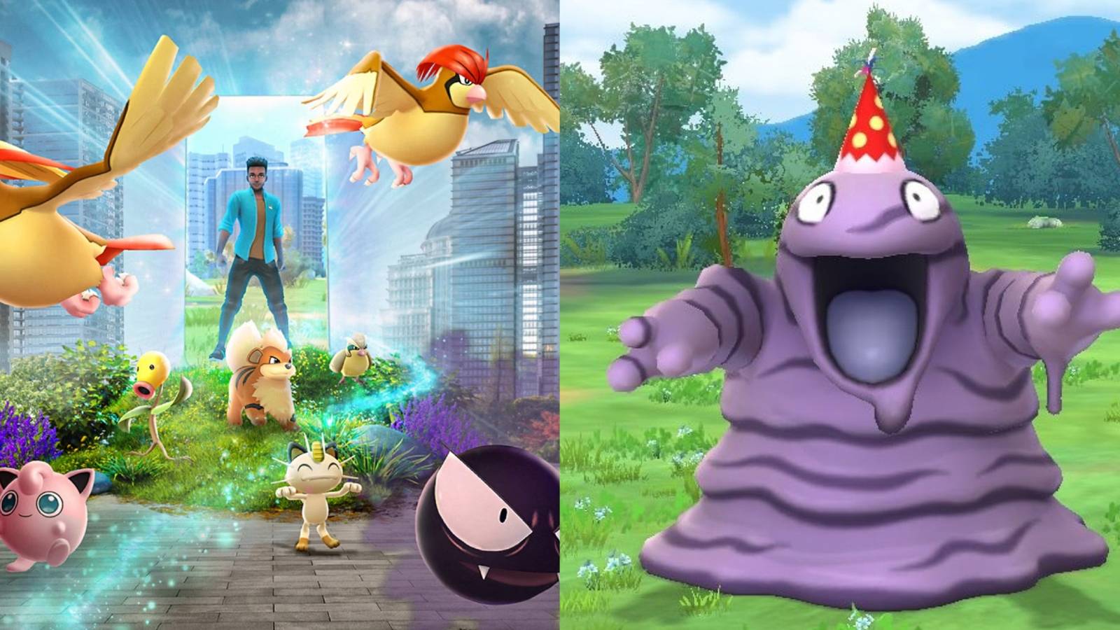 Pokemon Go artwork next to the Pokemon Grimer wearing a party hat