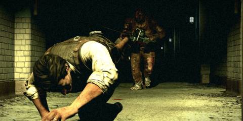 The main character escapes from a chainsaw-wielding enemy in The Evil Within
