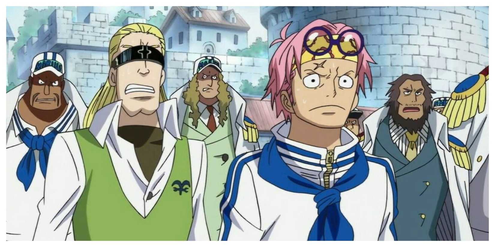 Helmeppo and Koby surrounded by fellow marines