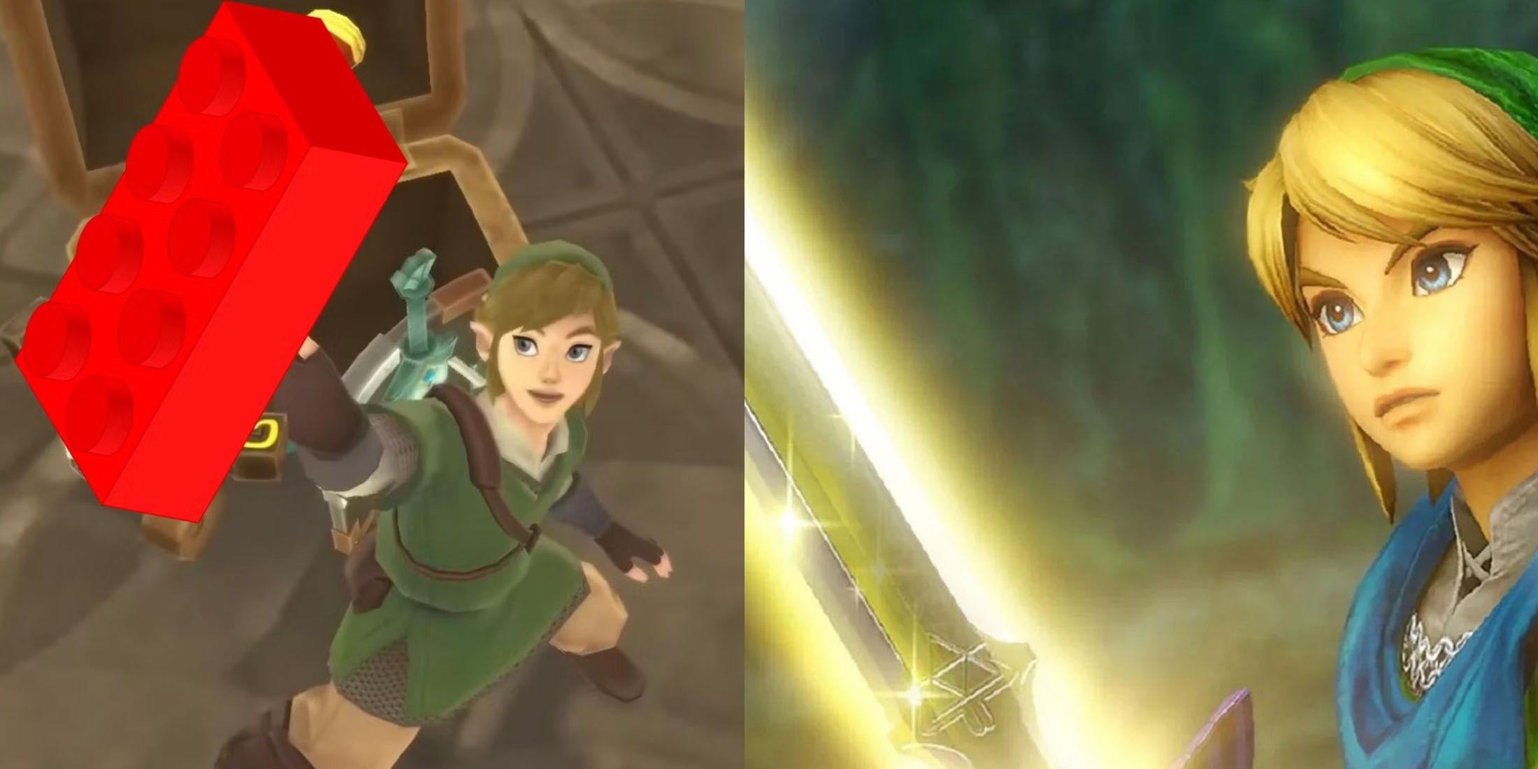 Link holding up a red LEGO Brick next to him holding the Master Sword