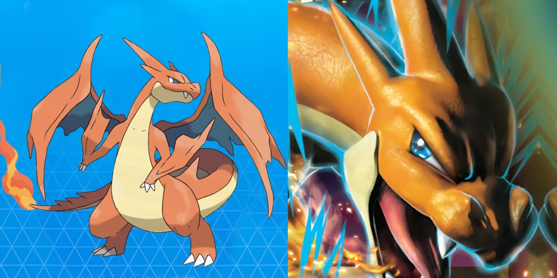 Charizard Y from Pokemon Go next to his design from the Trading Card Game