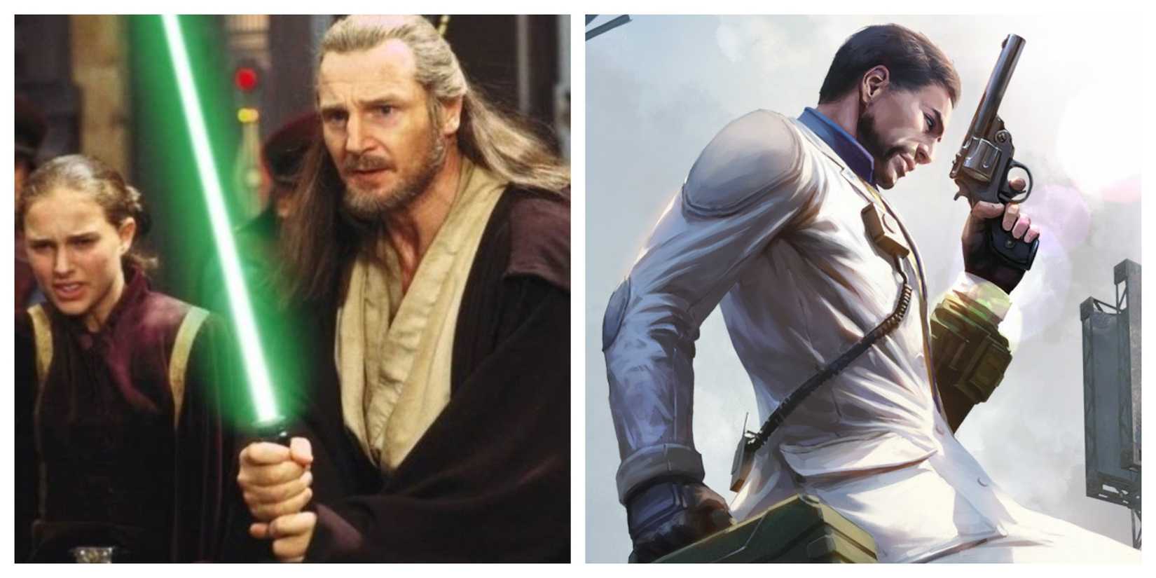 Liam Neeson as Qui-Gon Jinn, holding a lightsaber next to Padmé (Natalie Portman); James in Fallout Shelter Online, holding a gun