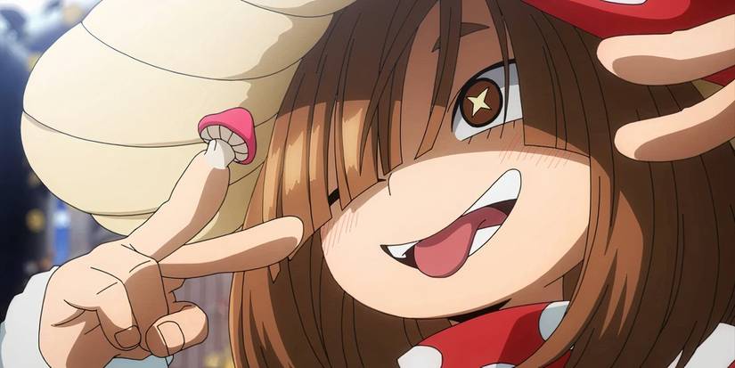 Shemage sticks her tongue out while growing a mushroom on her finger in My Hero Academia.
