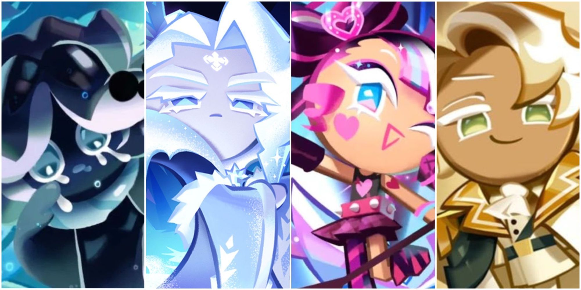 A collage of the Magic Cookies Squid Ink Cookie, Frost Queen Cookie, Shining Glitter Cookie and Clotted Cream Cookie from Cookie Run: Kingdom