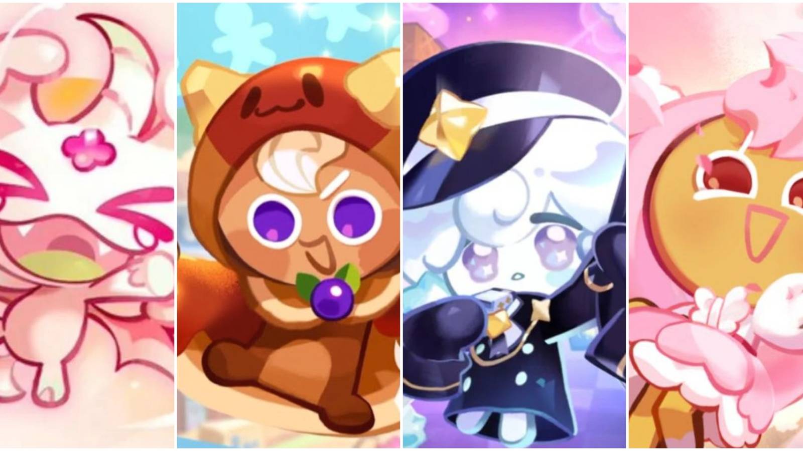 A collage of Snapdragon Cookie, Pancake Cookie, Milky Way Cookie and Cherry Blossom Cookie from Cookie Run Kingdom