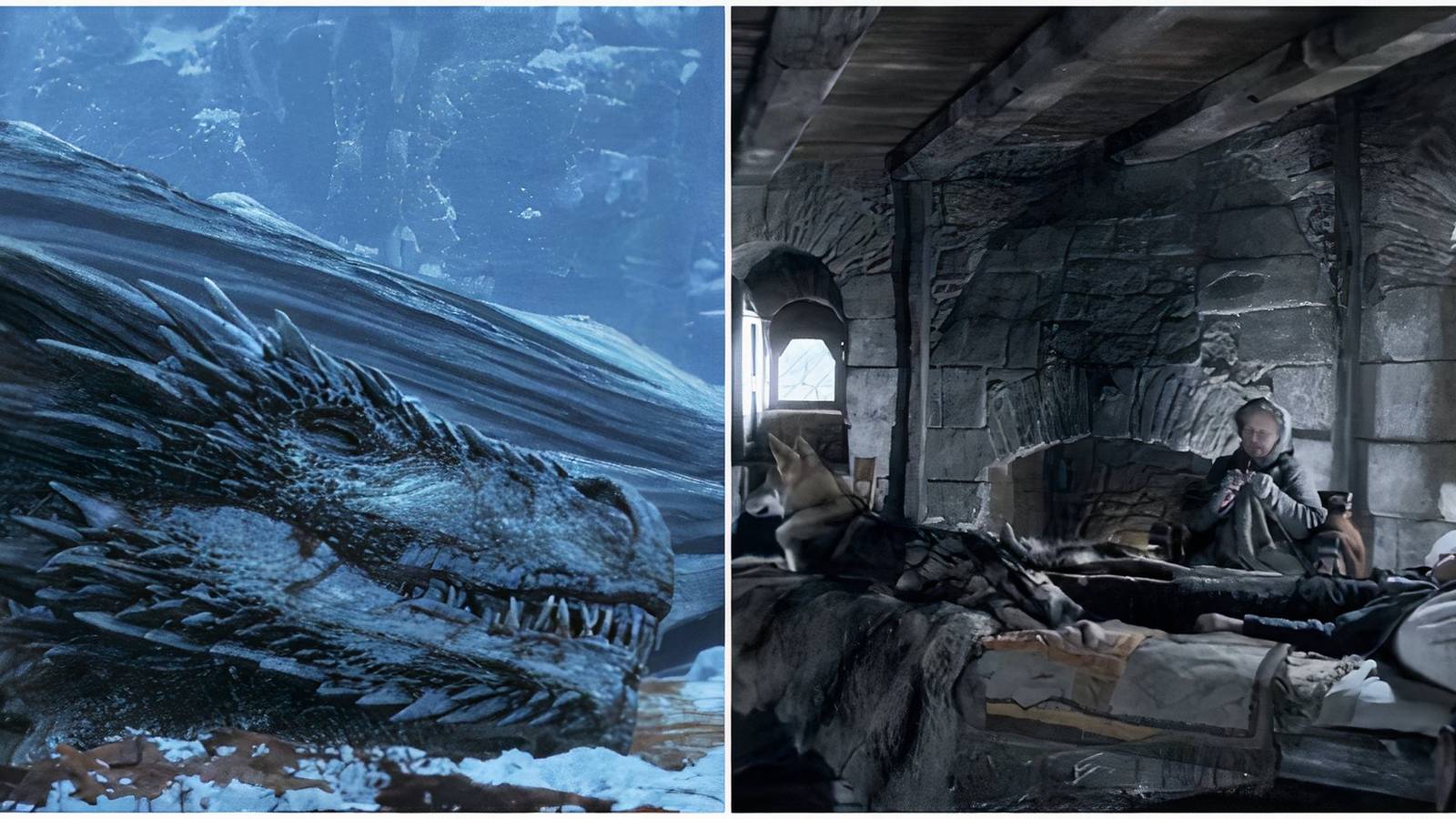 Dead Viserion and Summer Old Nan and Bran Stark in Game of Thrones.