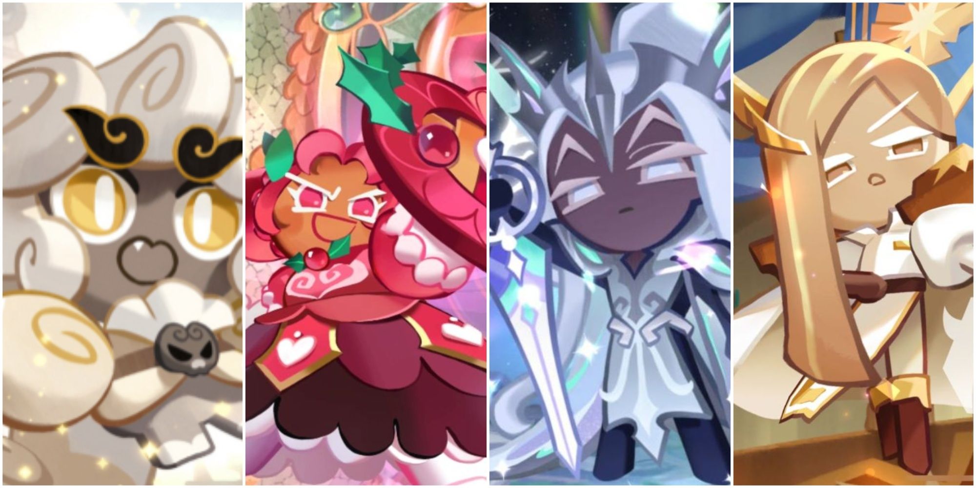 A collage of the Defense Cookies Haetae Cookie, Hollyberry Cookie, Elder Faerie Cookie and Financier Cookie from Cookie Run: Kingdom