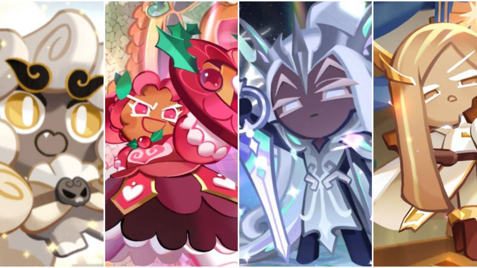 A collage of the Defense Cookies Haetae Cookie, Hollyberry Cookie, Elder Faerie Cookie and Financier Cookie from Cookie Run: Kingdom