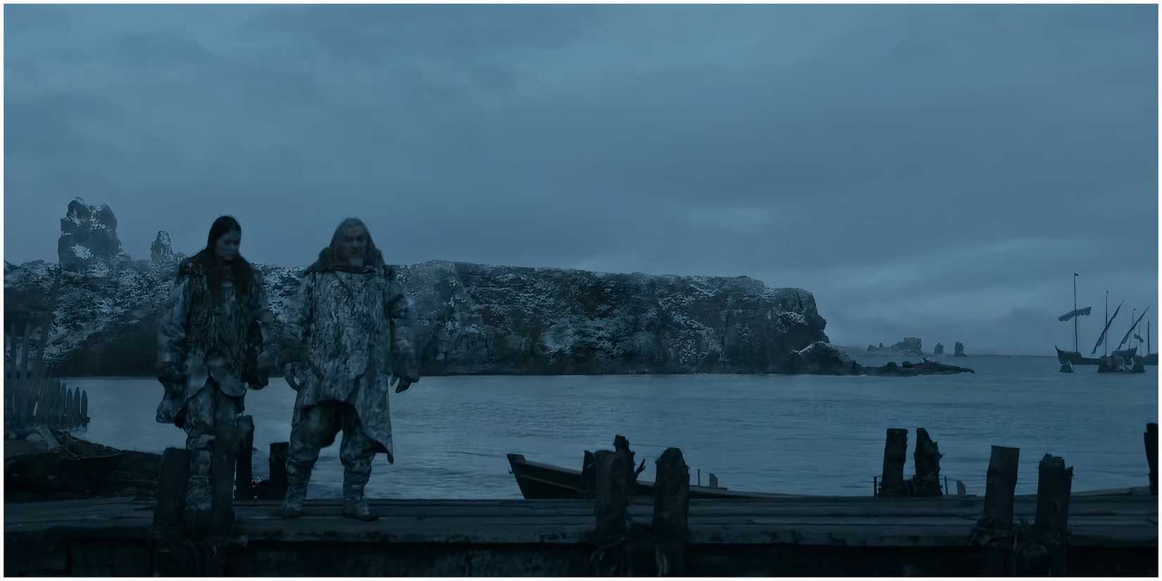 The Free Folk Standing at a Dock at Hardhome in Game of Thrones.