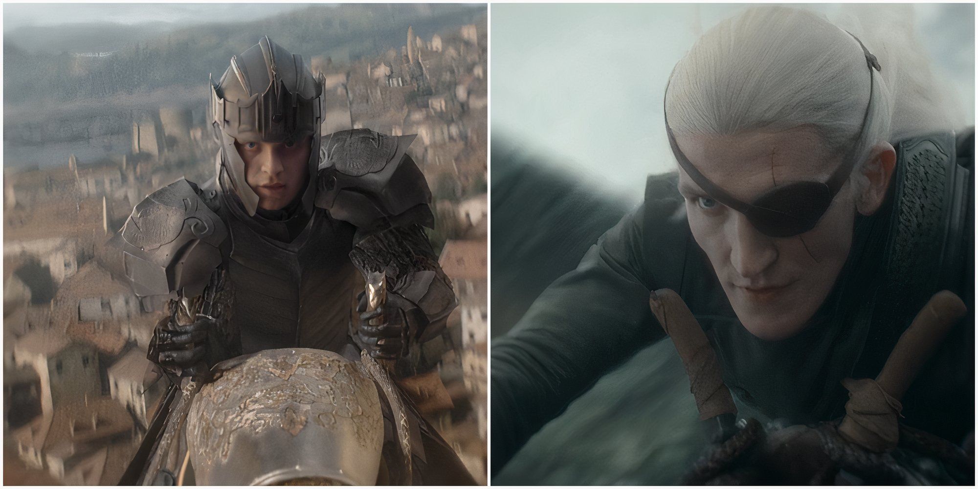 Split Image of Aegon atop Sunfyre and Aemond atop Vhagar above Rook's Rest in House of the Dragon.