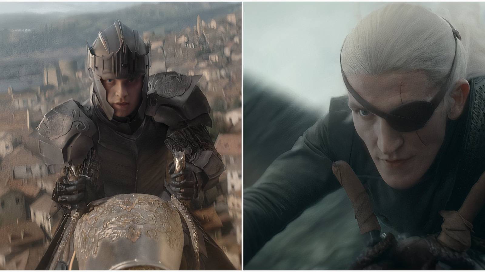 Split Image of Aegon atop Sunfyre and Aemond atop Vhagar above Rook's Rest in House of the Dragon.