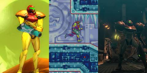 collage of 3 metroid games, both 2d and 3d