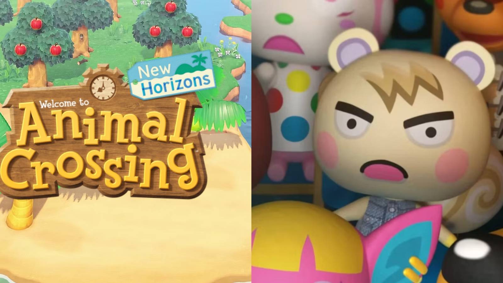 The Animal Crossing New Horizons logo next to some villagers from the game.
