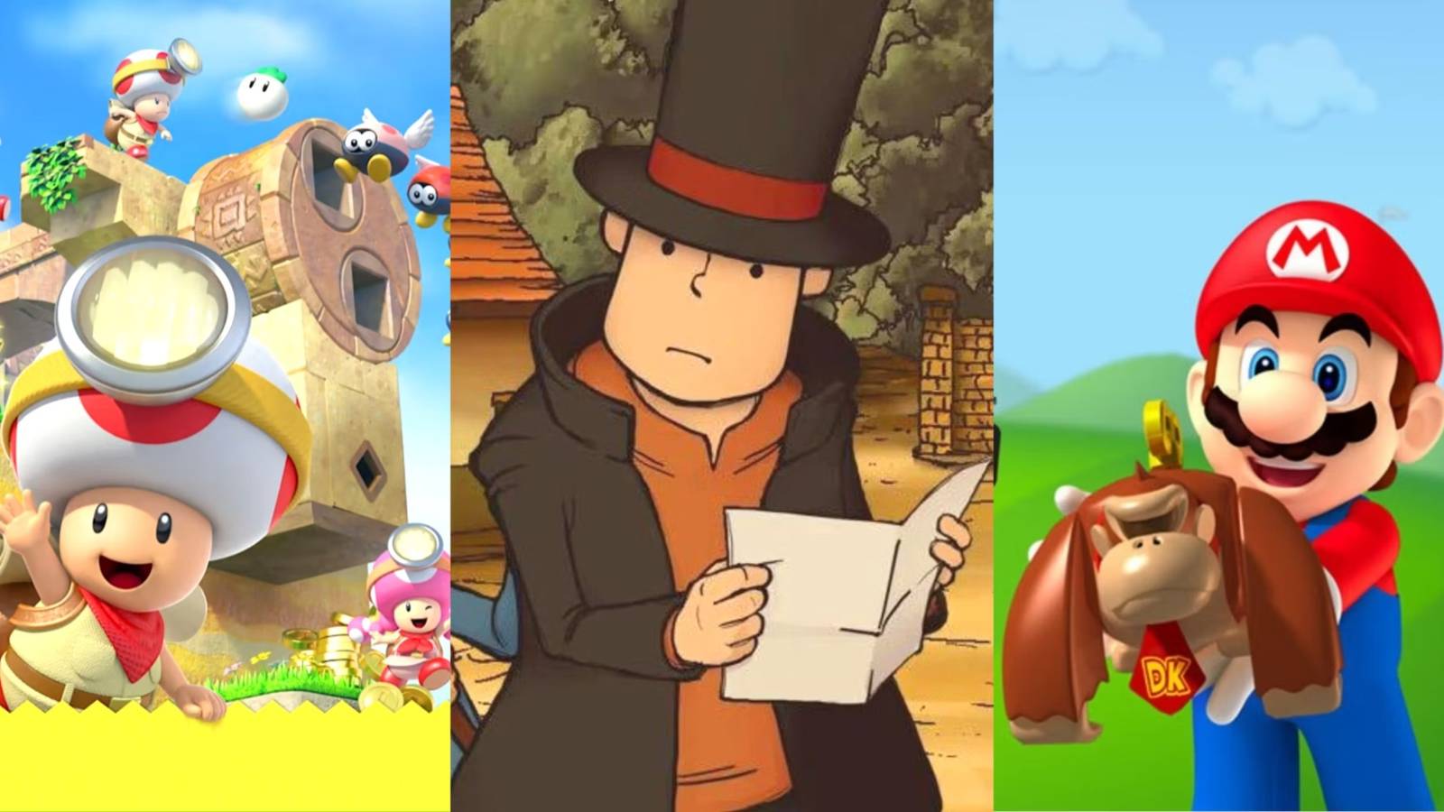 Captain Toad: Treasure Tracker, Professor Layton And The Curious Village, and Mario And Donkey Kong: Minis On The Move