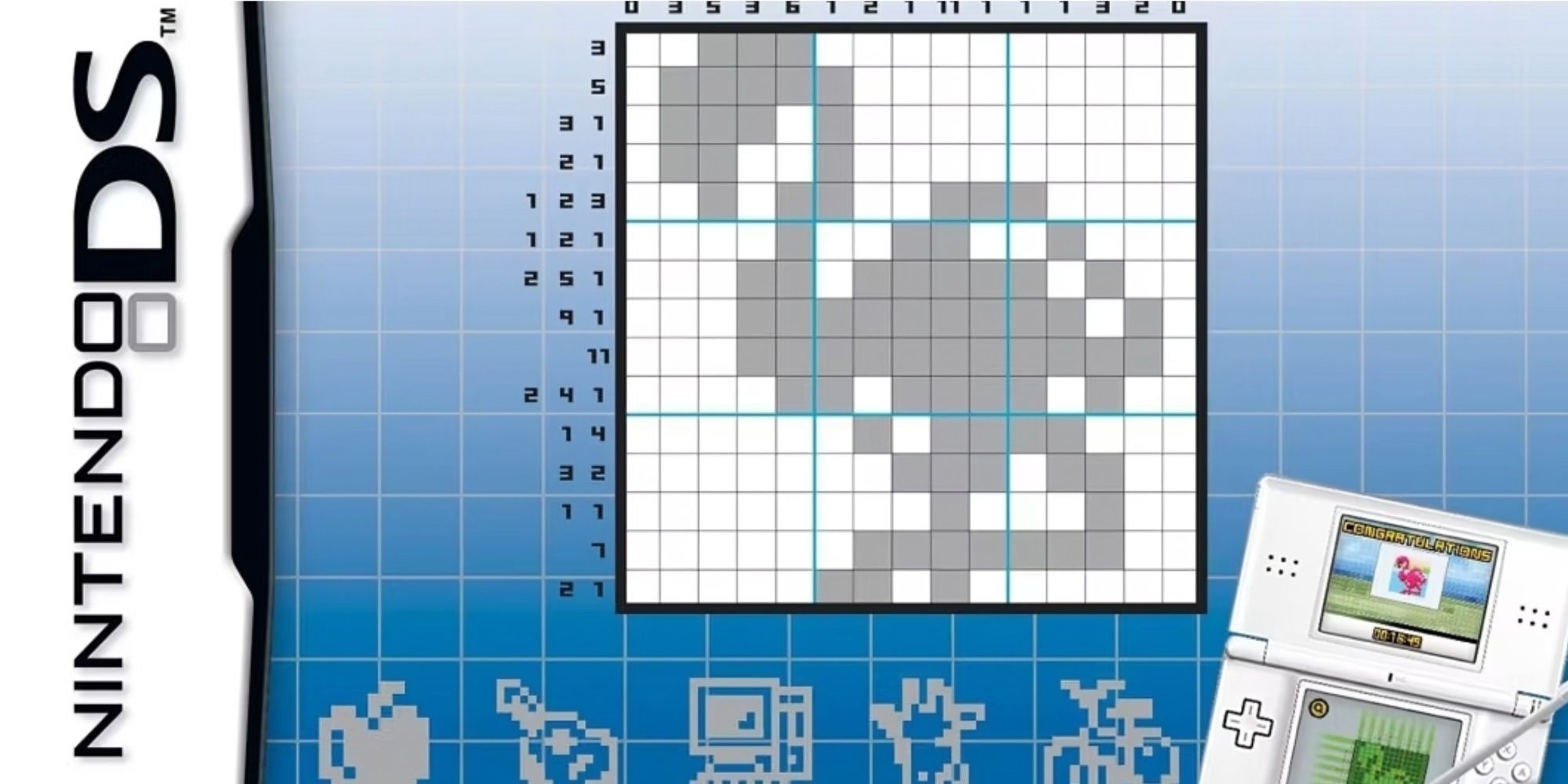 A Picross DS screenshot revealing a hidden image uncovered by solving the puzzle blocks.