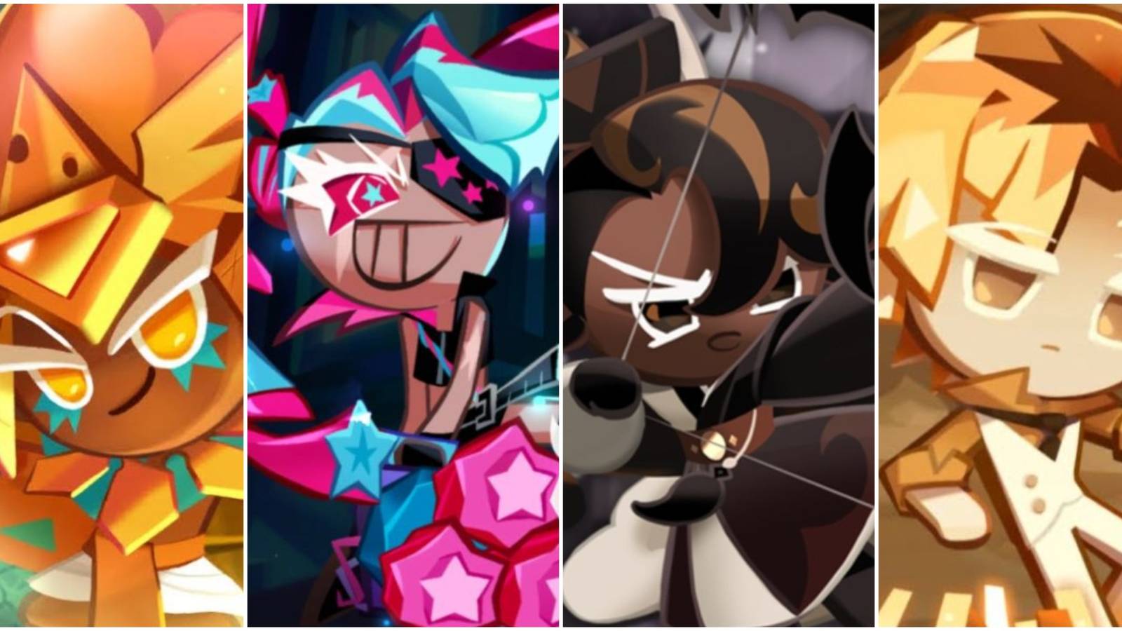 A collage of the Ranged Cookies Golden Cheese Cookie, Twizzly Gummy Cookie, Caramel Arrow Cookie and Creme Brulee Cookie from Cookie Run: Kingdom