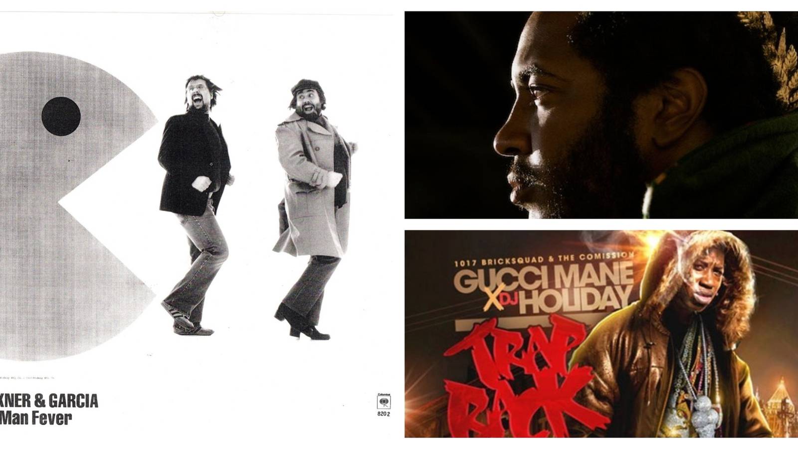 Three music covers; Buckner and Garcia's Pac-Man Fever, depicting the two artists running from Pac-Man, Thundercat's Apocalypse Album which shows his face in profile, Gucci Mane's trap back mixtape, which depicts him smoking