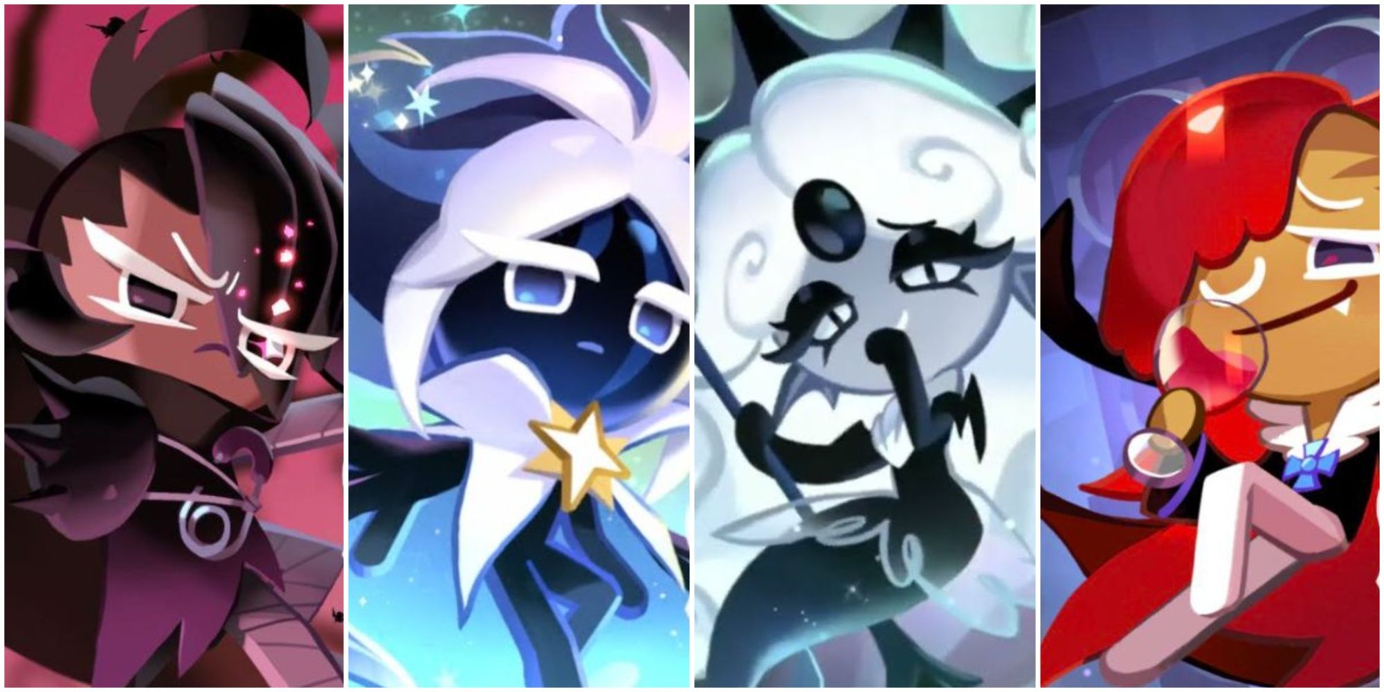 A collage of the Ambush Cookies Black Raisin Cookie, Stardust Cookie, Black Pearl Cookie and Vampire Cookie from Cookie Run: Kingdom