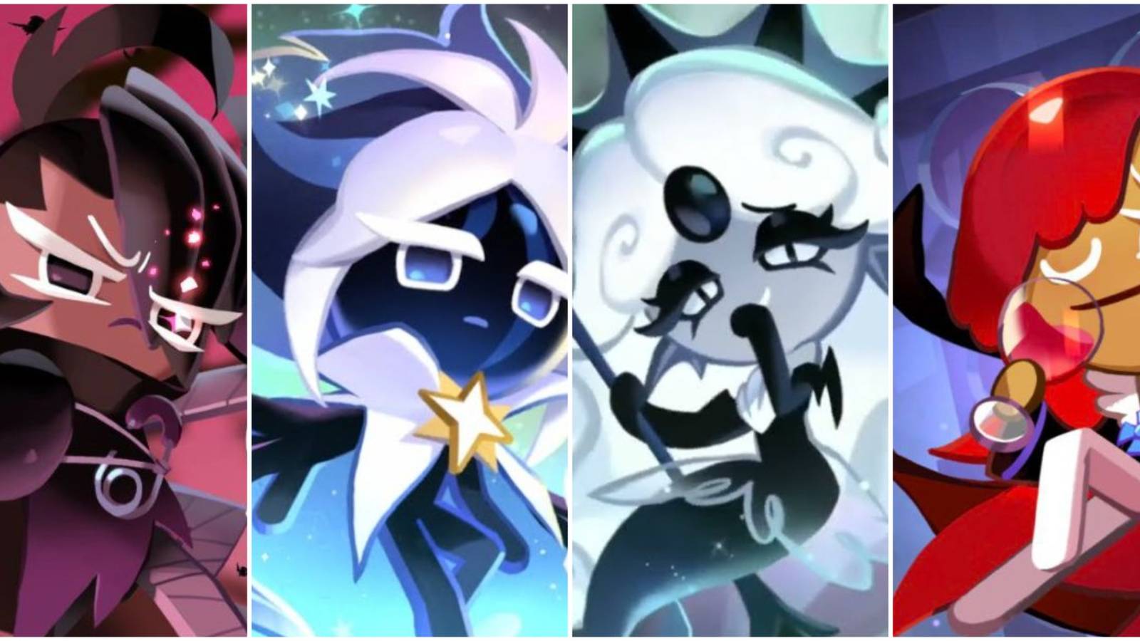 A collage of the Ambush Cookies Black Raisin Cookie, Stardust Cookie, Black Pearl Cookie and Vampire Cookie from Cookie Run: Kingdom