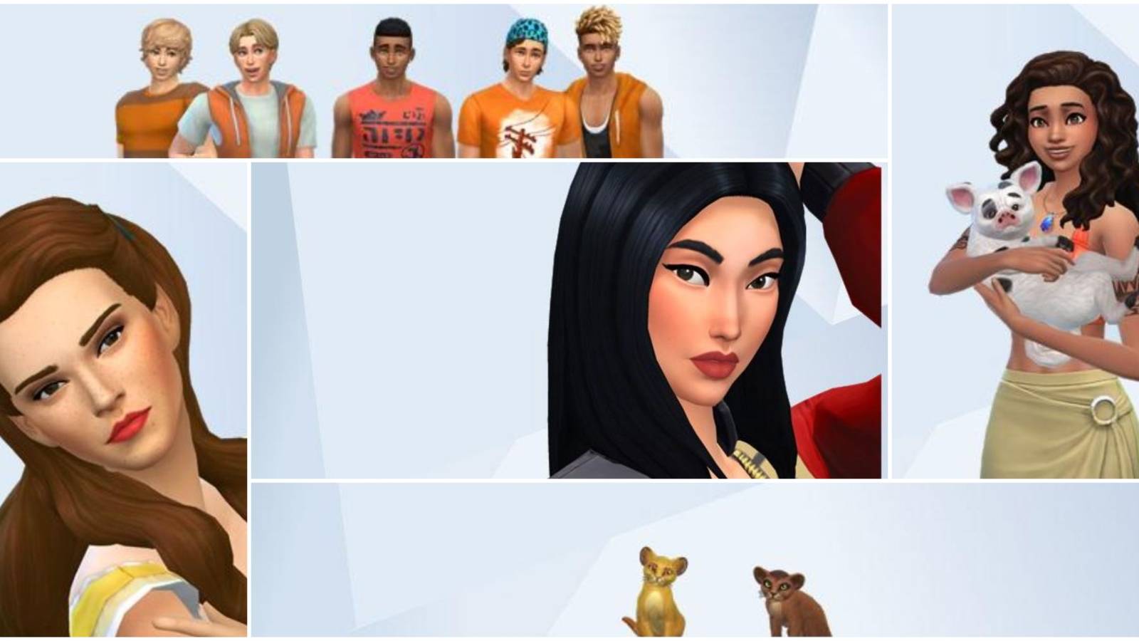 A collage of Disney characters Belle from Beauty and the Beast, Mulan from Mulan, Moana from Moana, Simba and Kovu from The Lion King 1 and 2 and 4*Town from Turning Red made in The Sims 4 