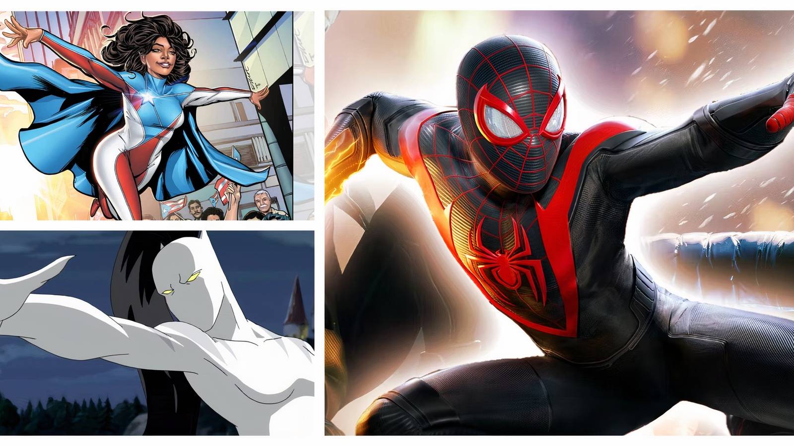 Top-Left, La Borinqueña. Bottom-left, White Tiger. Right, Miles Morales as Spider-Man.