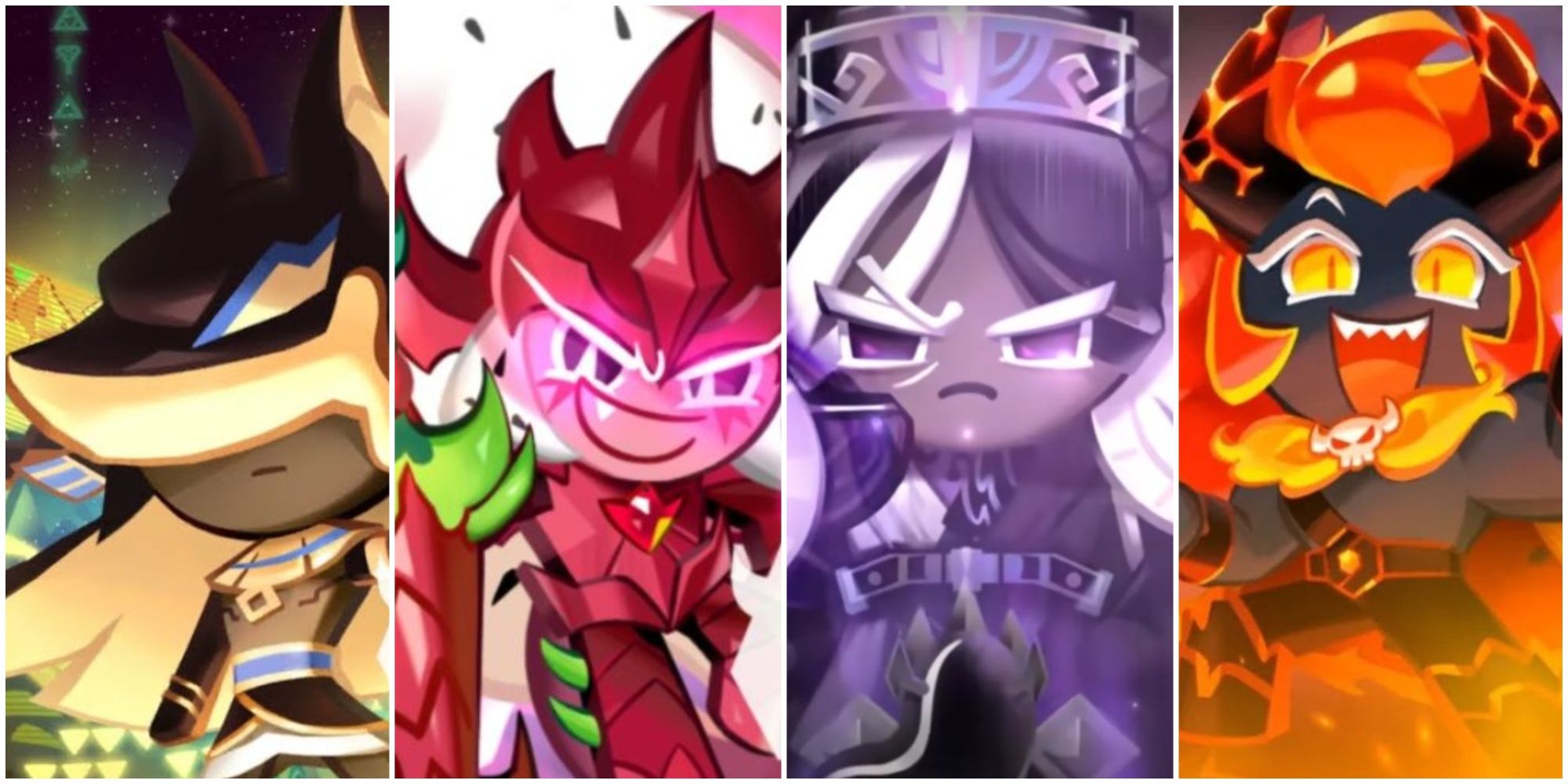 A collage of the Charge Cookies Burnt Cheese Cookie, Pitaya Dragon Cookie, Dark Cacao (Dragon Lord) Cookie and Capsaicin Cookie from Cookie Run: Kingdom