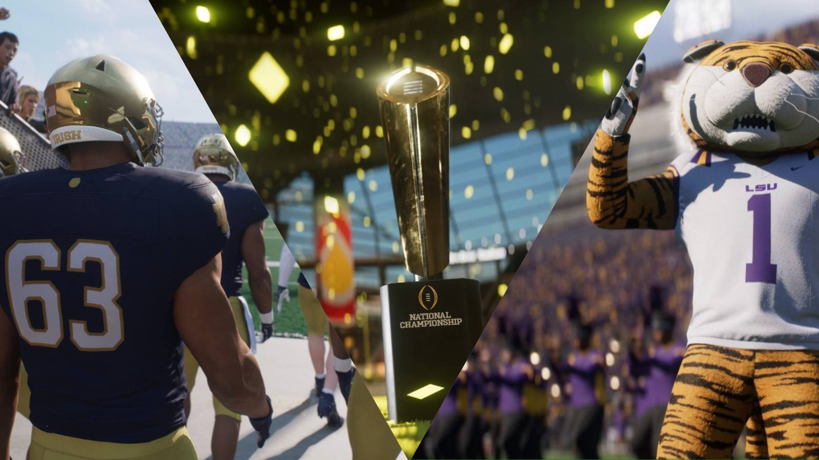 Football players, a championship trophy, and a mascot in action in College Football 25