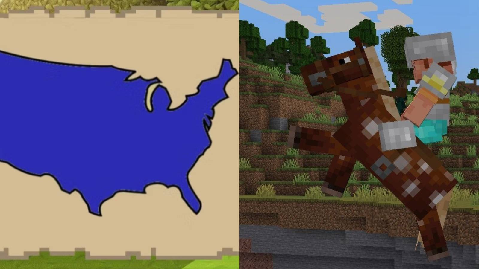 A map of the US in Minecraft with a player riding a horse.