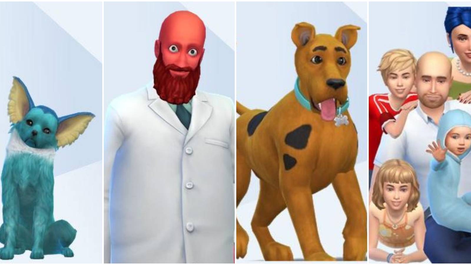 A collage of cartoon characters- Vaporeon from Pokémon, Dr Zoidberg from Futurama, The Simpsons and Scooby-Doo- made in The Sims 4 