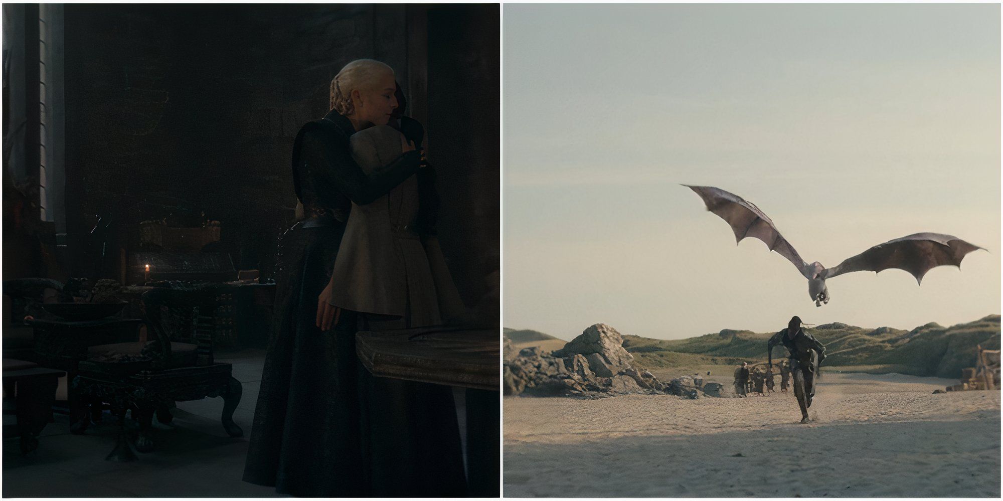 Split image showing Rhaenyra embracing Mysaria and Seasmoke and Addam in House of The Dragon.