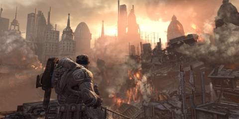 Soldier looks out at a destroyed city in Gears of War 2