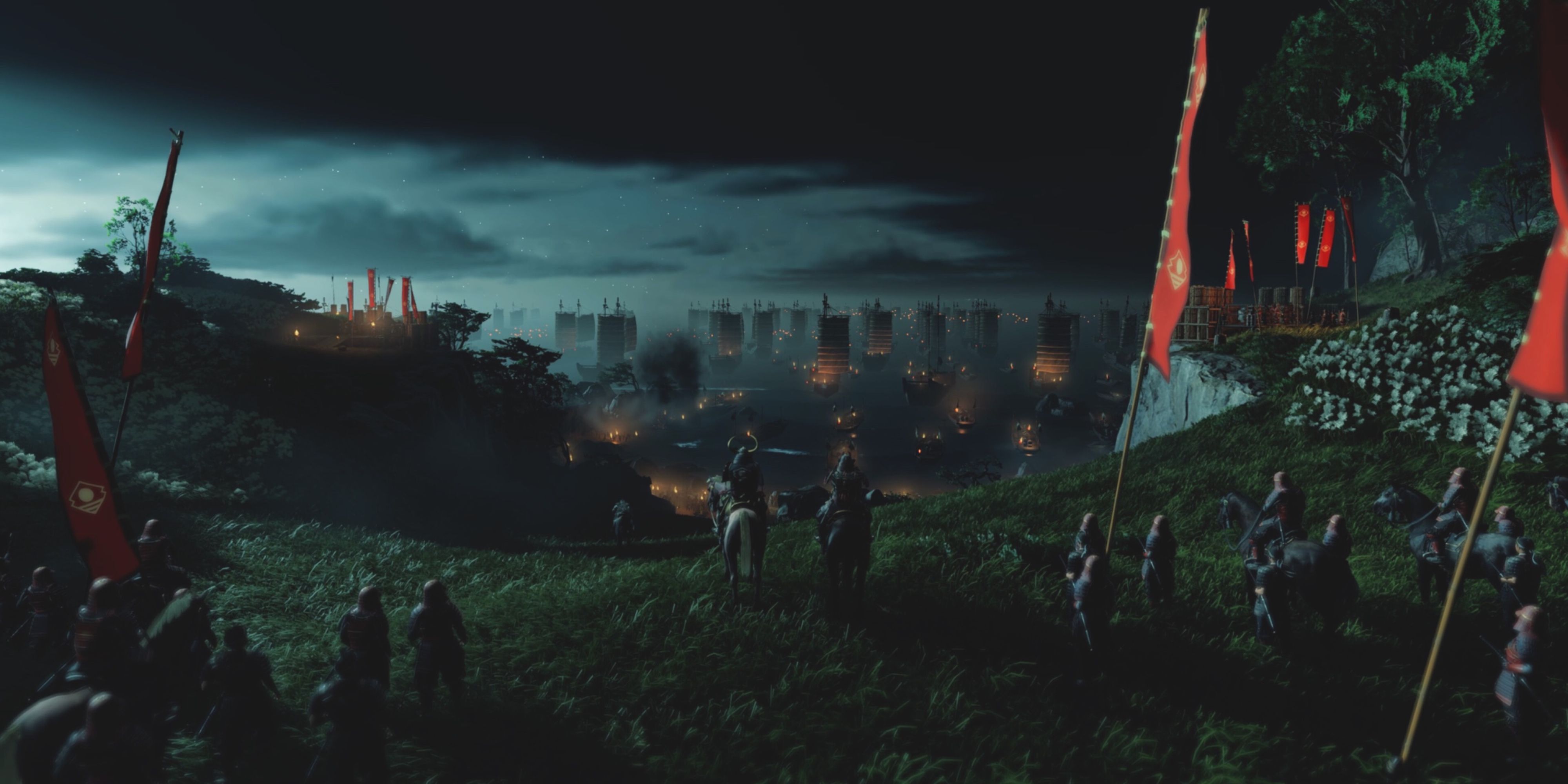 An army watches a large invasion of Mongols approach from the sea in Ghost of Tsushima