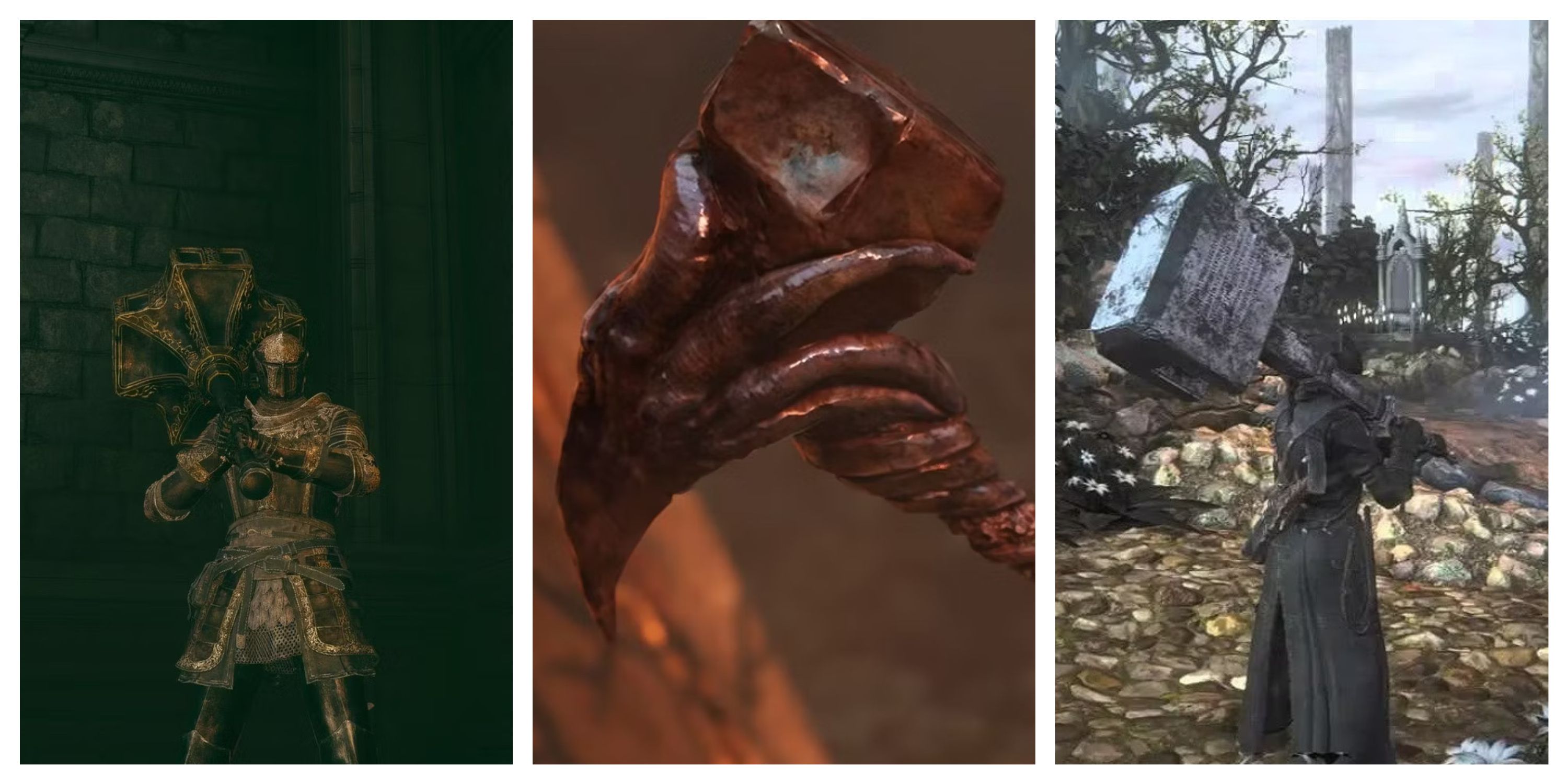 A split image of hammers in Elden Ring, Lords of the Fallen, and Bloodborne