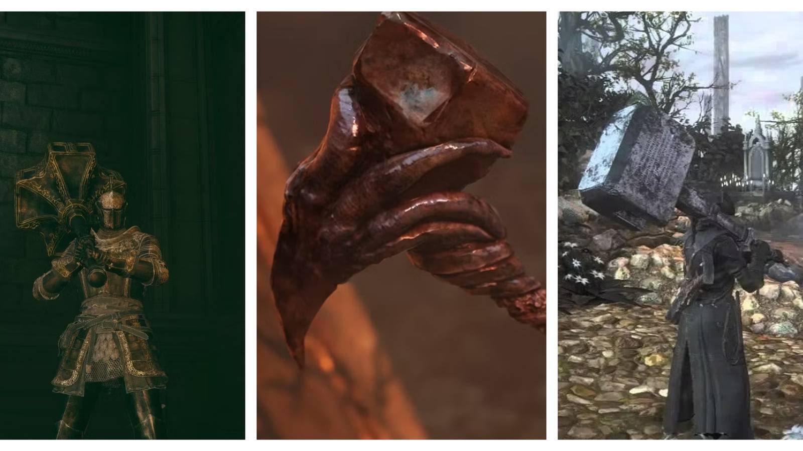 A split image of hammers in Elden Ring, Lords of the Fallen, and Bloodborne