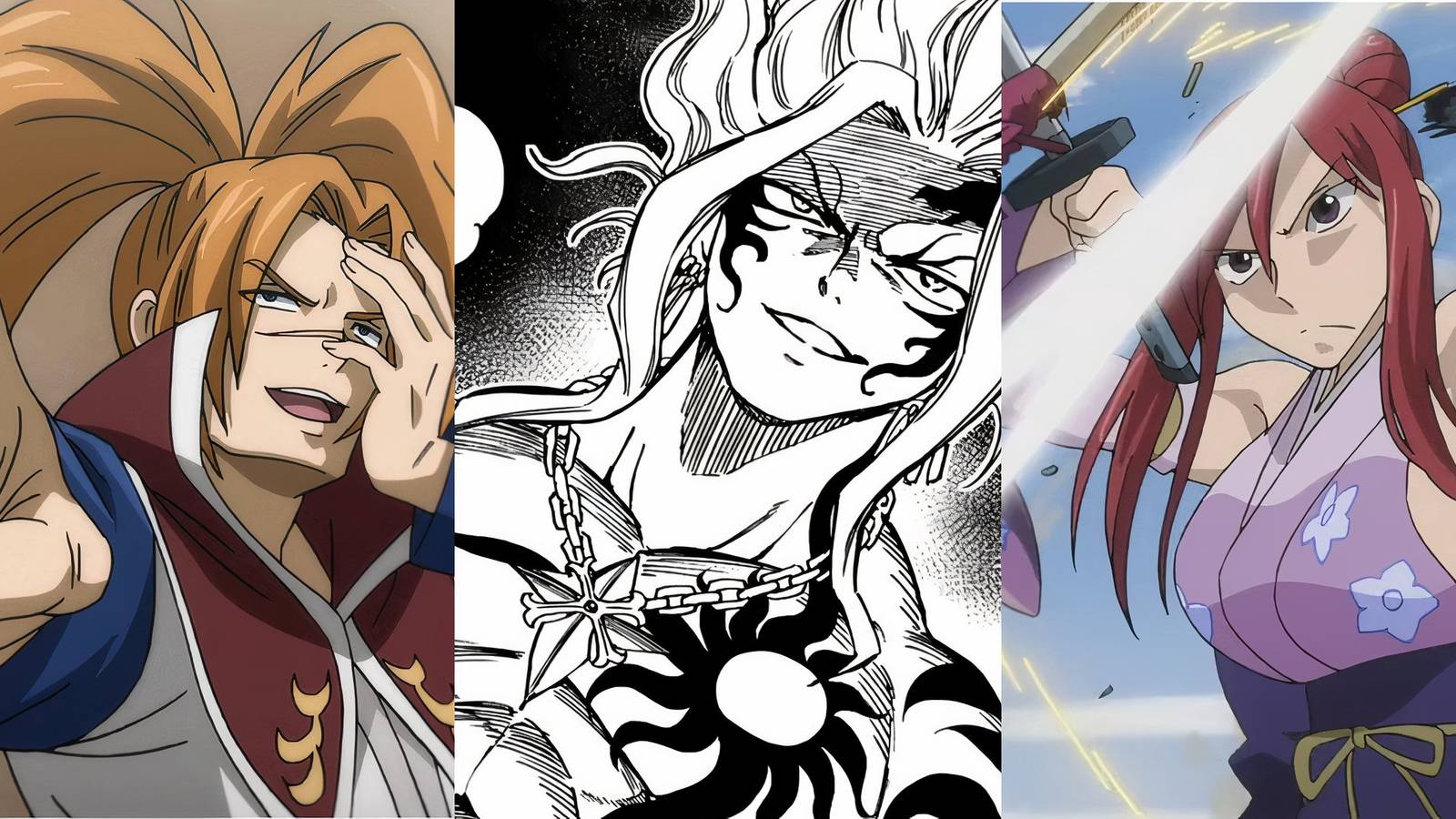A split image of different fire users in Fairy Tail