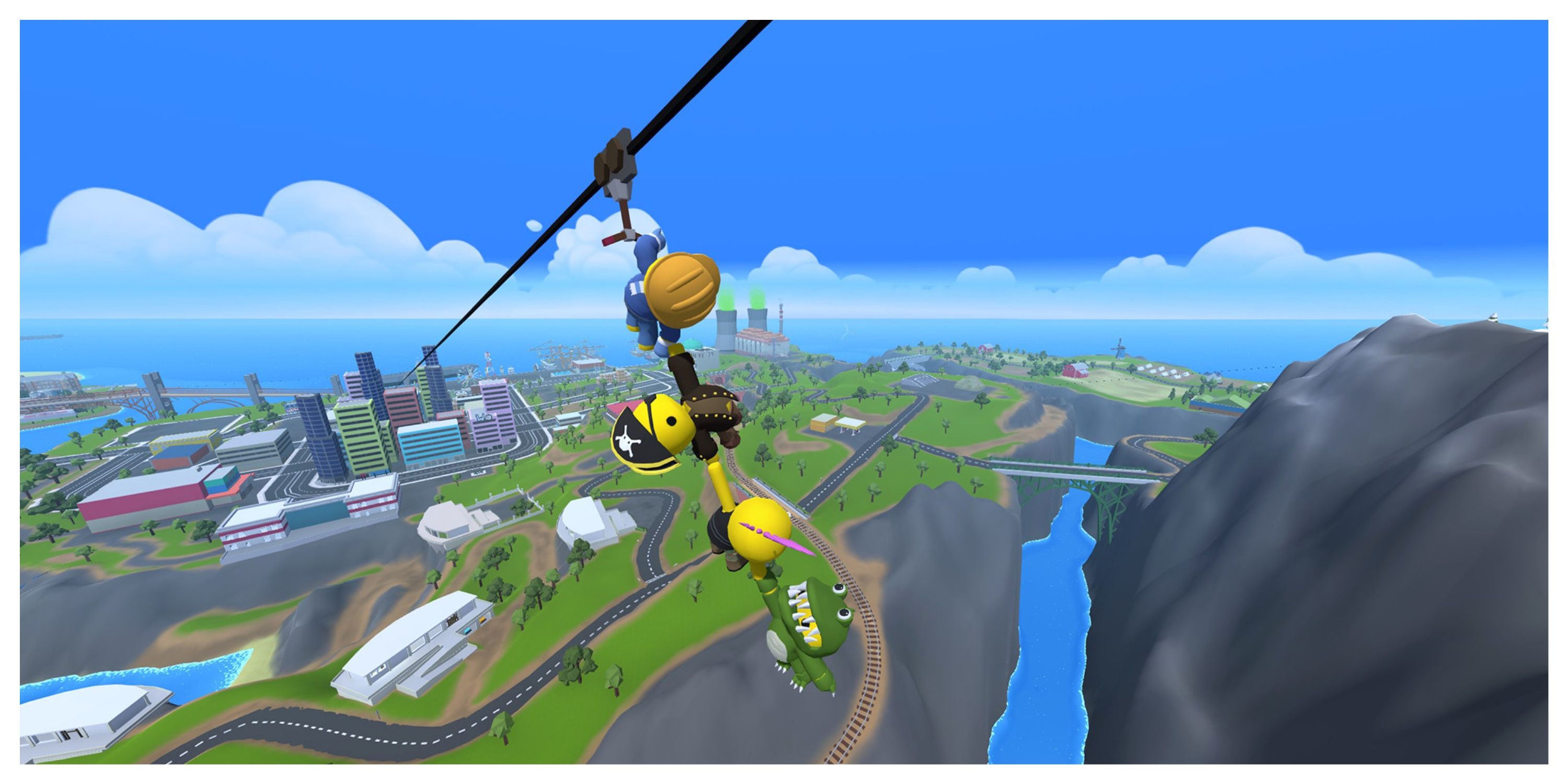 Wobbly Life - Steam Screenshot (Characters Using A Zipline)