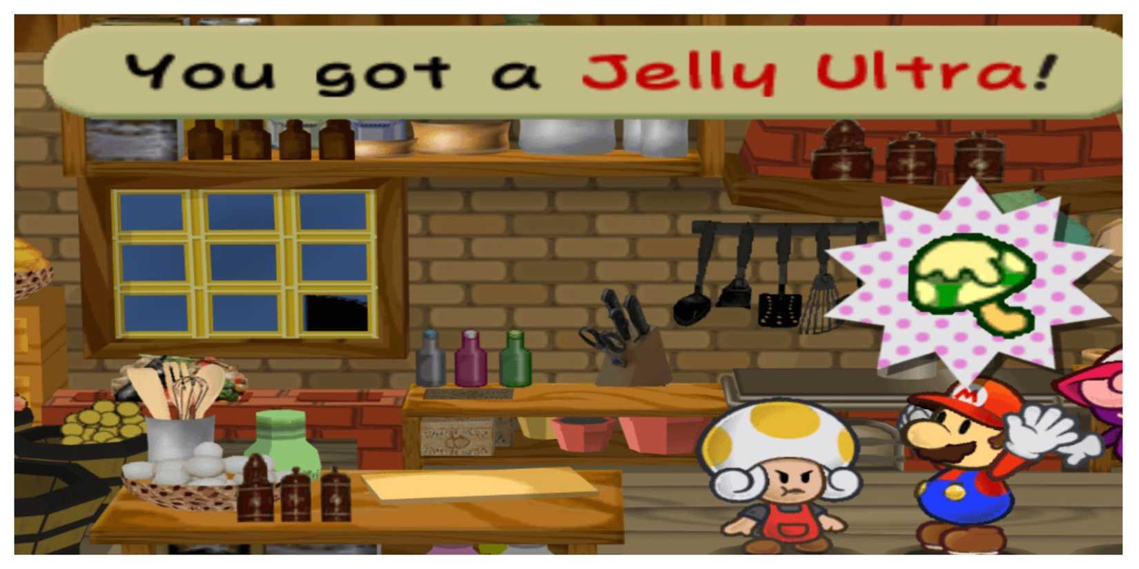 Mario receiving a Jelly Ultra; a green capped mushroom with jelly on top