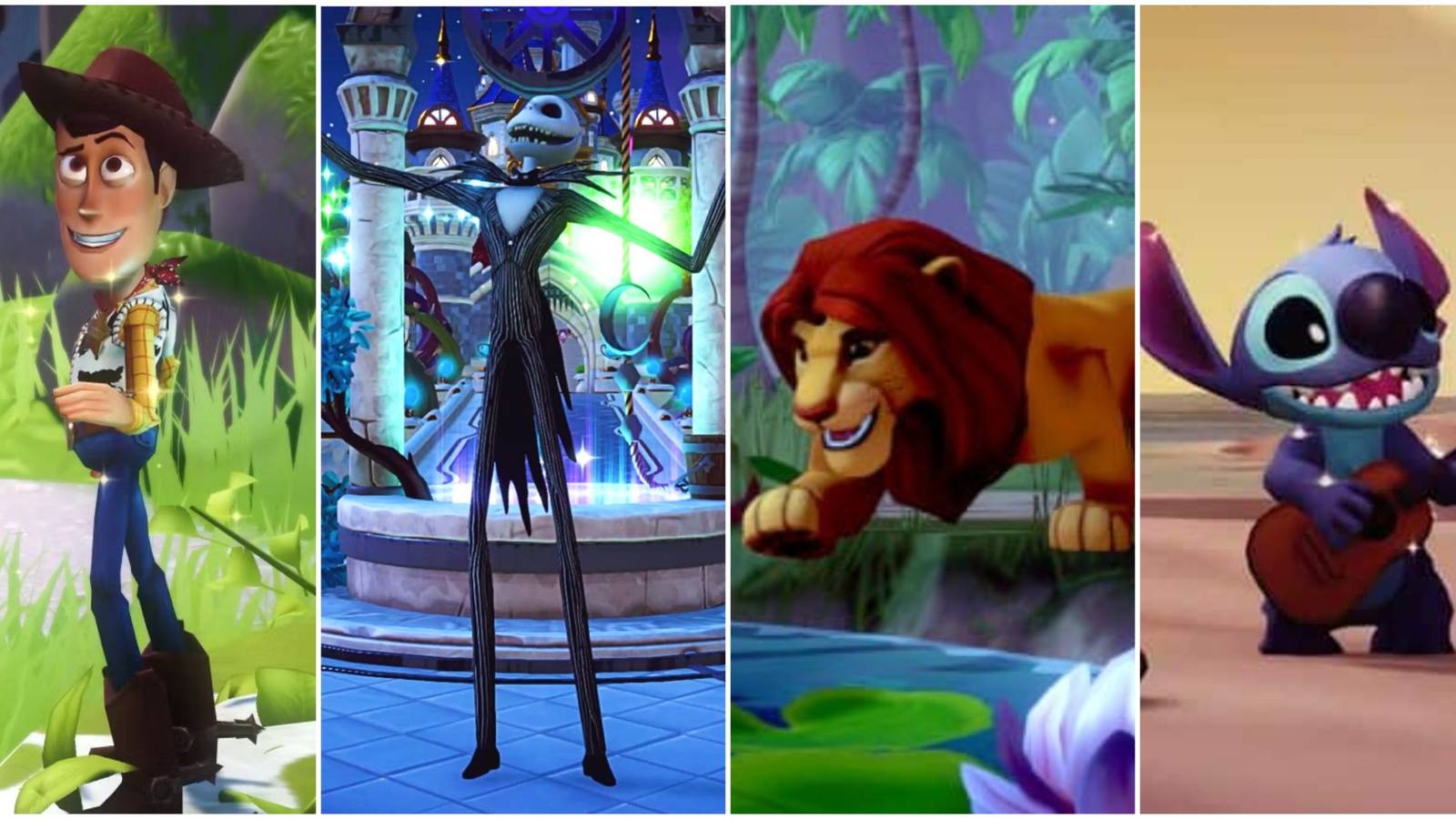 A collage of the characters Woody, Jack Skellington, Simba, and Stitch from Disney Dreamlight Valley