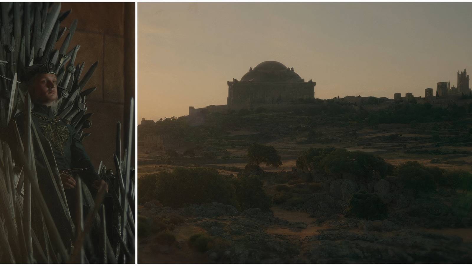 Split image of Aegon II on the Iron Throne and King's Landing in House of the Dragon.