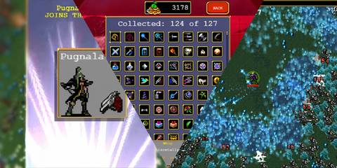 A split image of the Pugnala unlock, the collection page, and Vampire Survivors gameplay