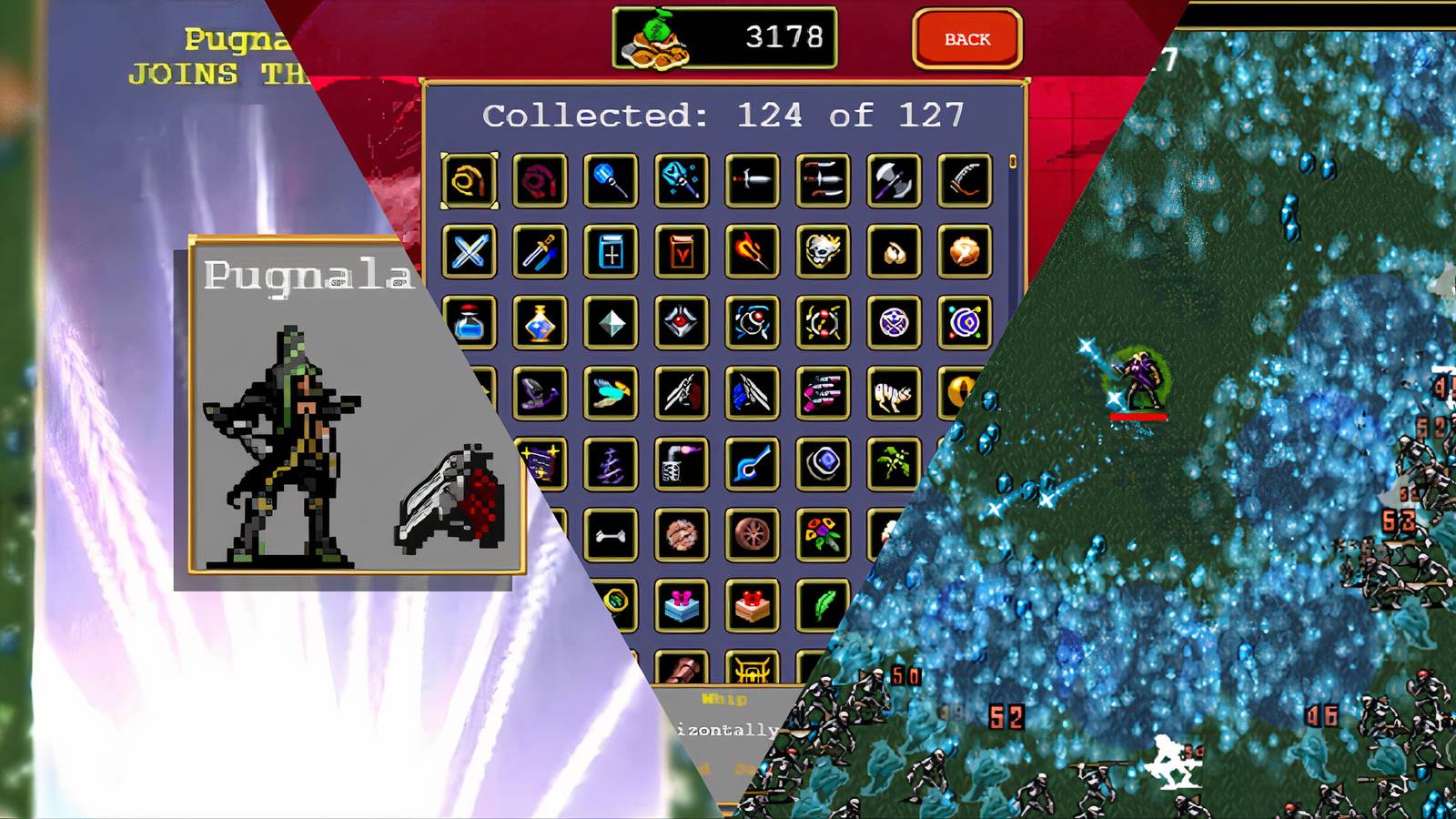 A split image of the Pugnala unlock, the collection page, and Vampire Survivors gameplay