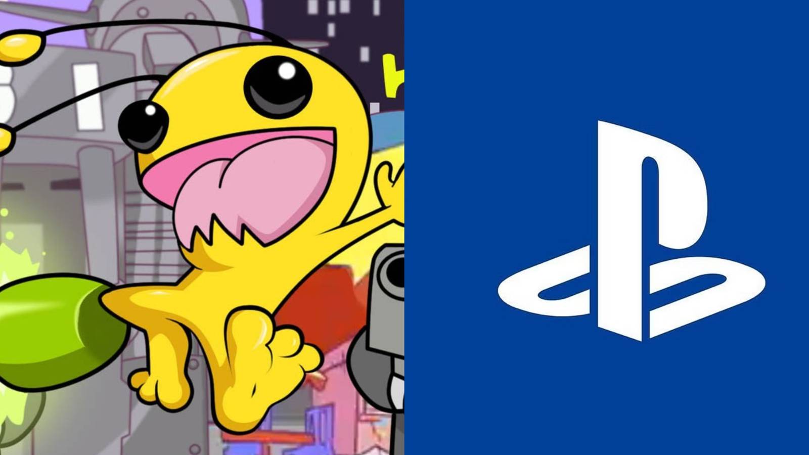 The main character from Alien Hominid next to the PlayStation logo