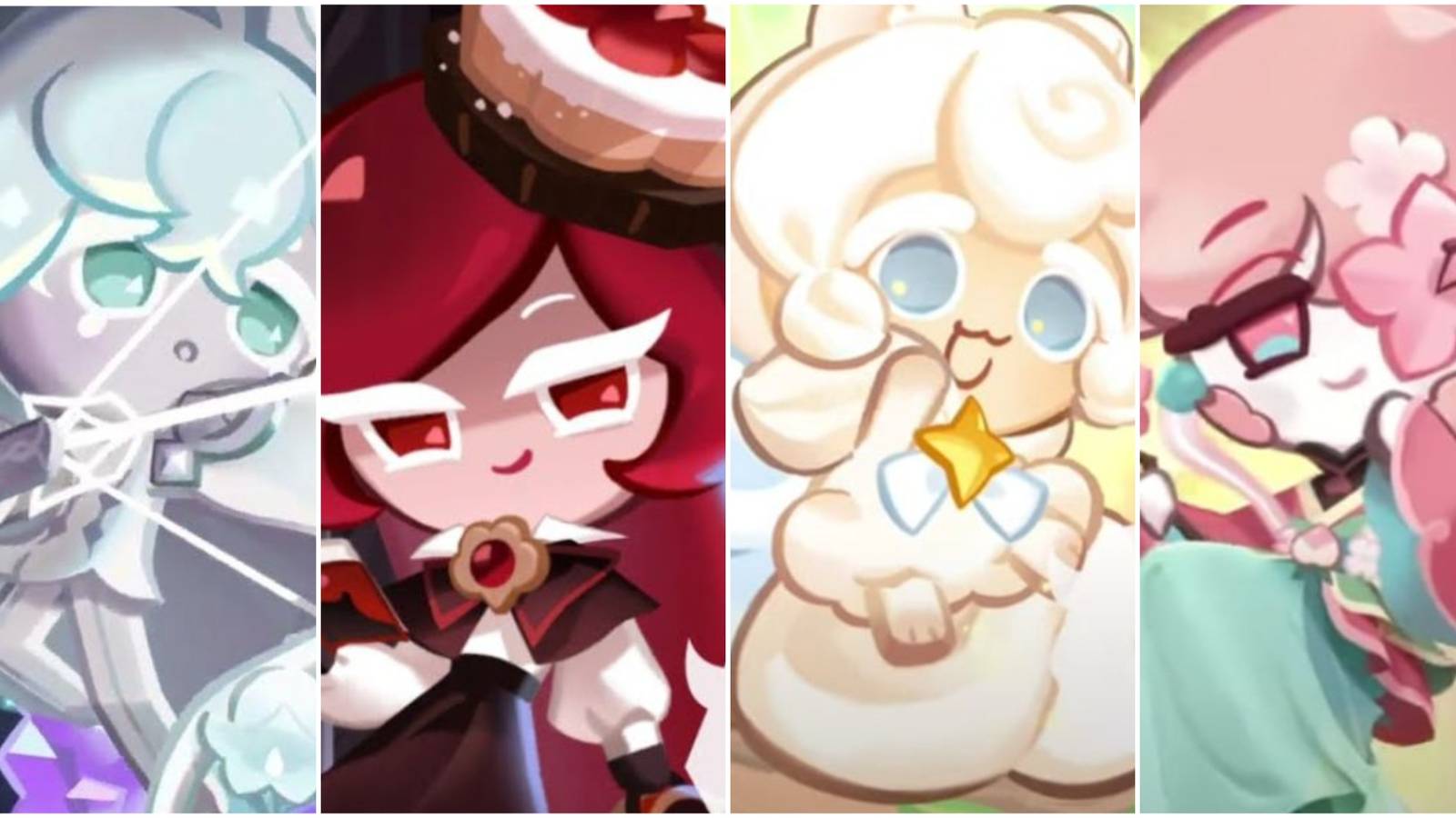 A collage of images of Support Cookies Silverbell Cookie, Linzer Cookie, Cream Ferret Cookie and Peach Blossom Cookie from Cookie Run Kingdom