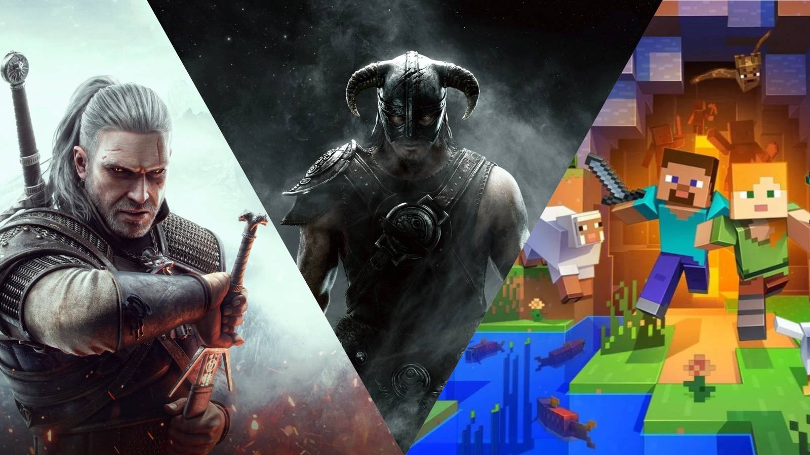 Image depicting Geralt from The Witcher, The Dragonborn from Skyrim and Alex + Steve from Minecraft