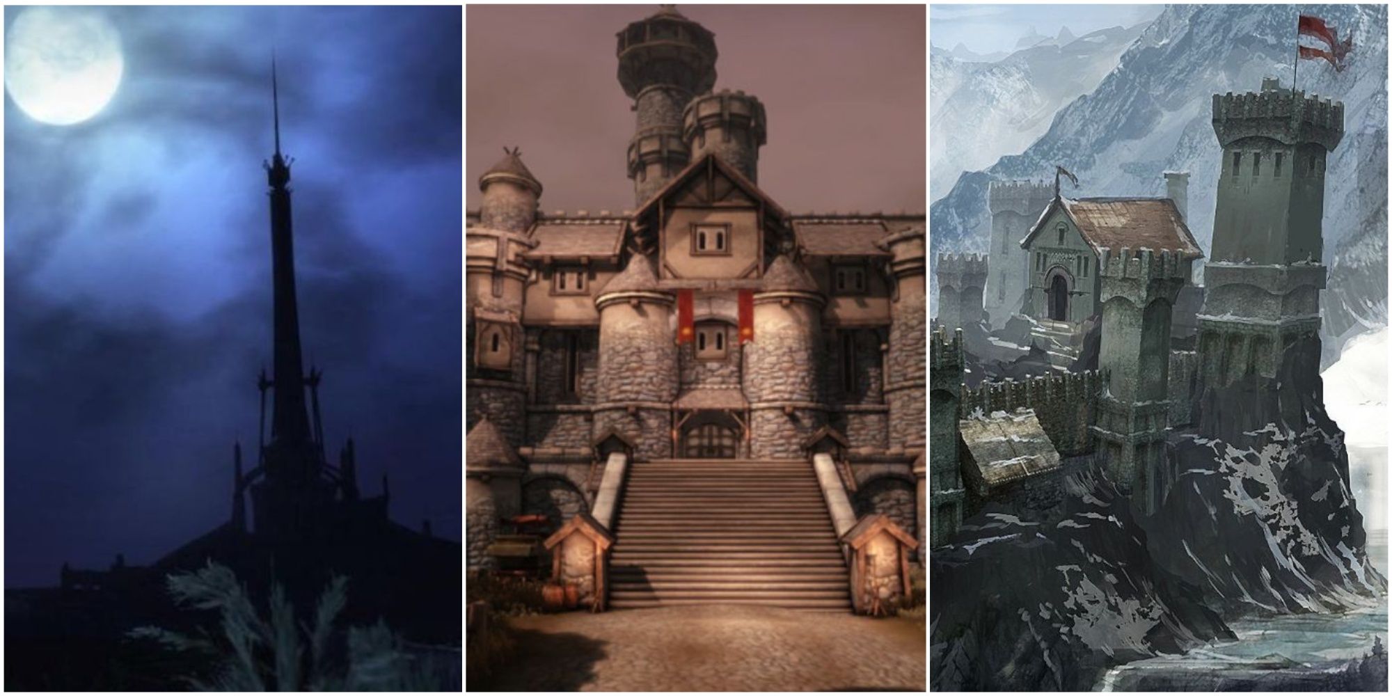 A collage of the Dragon Age castles, including the Circle Tower, Redcliffe Castle and Skyhold